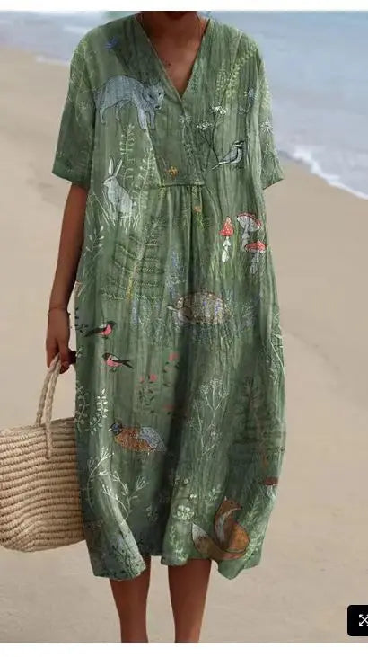 Mallory Printed V Neck Midi Dress