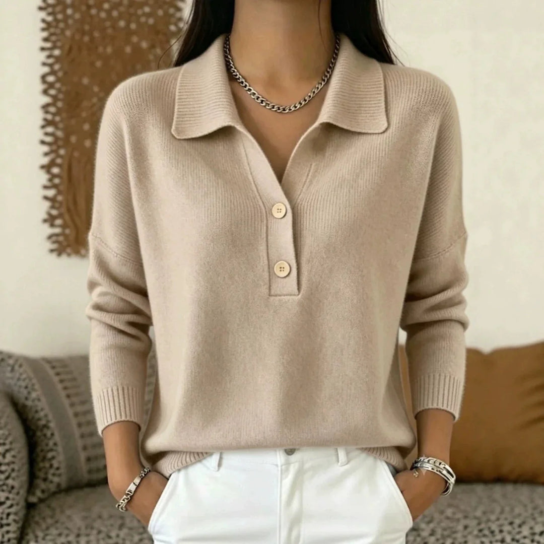 Apricot knit polo sweater with ribbed collar