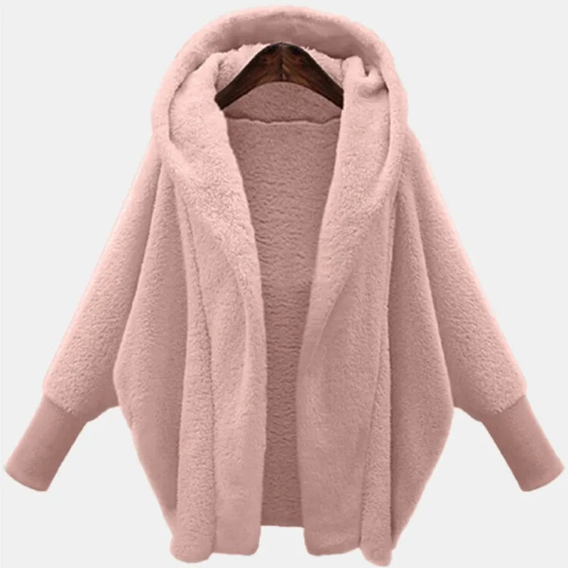 Pink hooded fleece coat with batwing sleeves, front view