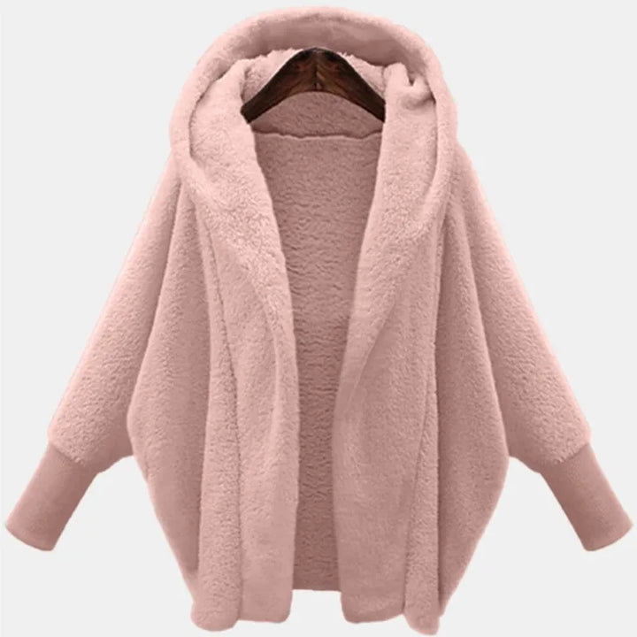 Pink hooded fleece coat with batwing sleeves, front view