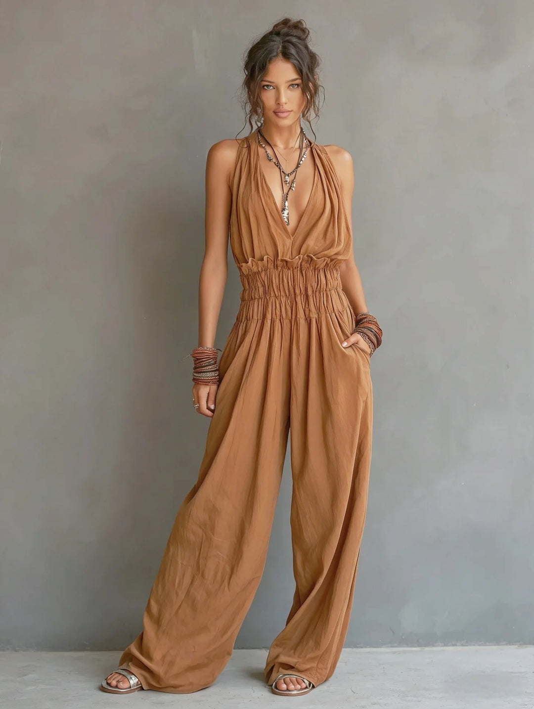 Daphne Deep V Neck Wide Leg Jumpsuit