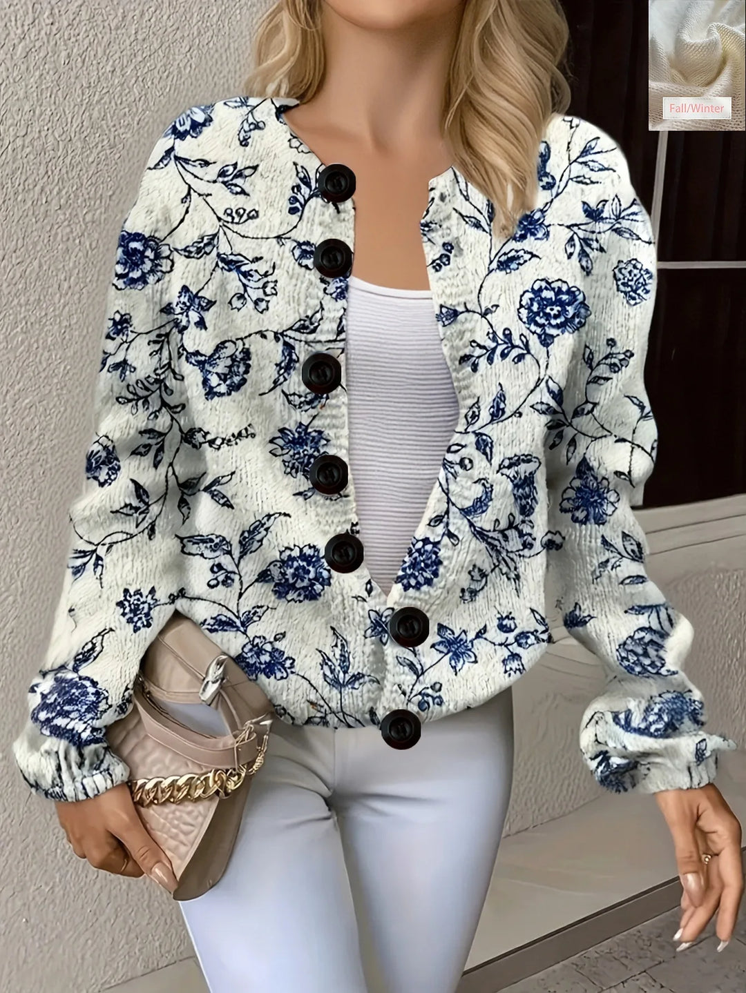 White cardigan with blue floral print, front view