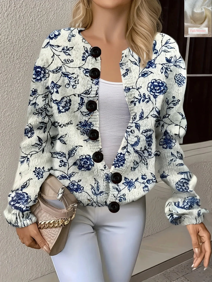 White cardigan with blue floral print, front view