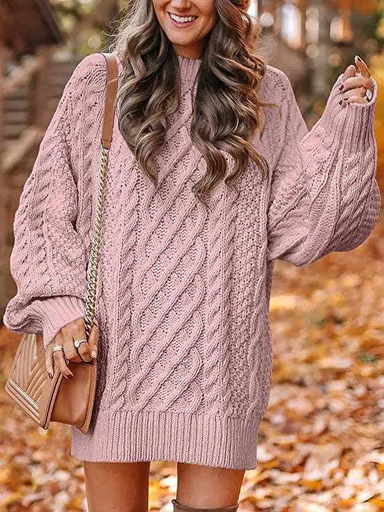 Lotus root pink cable knit sweater dress close up