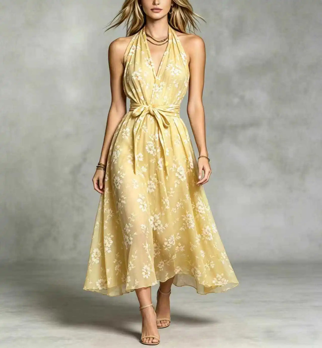 Marigold Bohemian Floral Print Wedding Guest Dress
