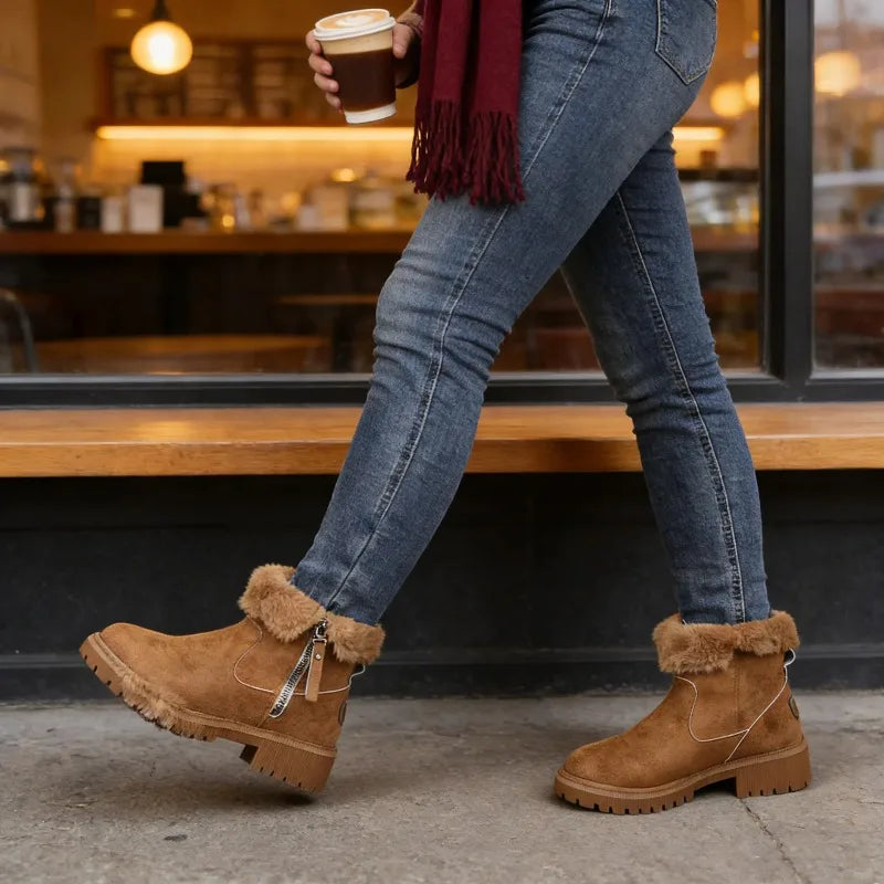 Woman walking outdoors in brown suede snow boots