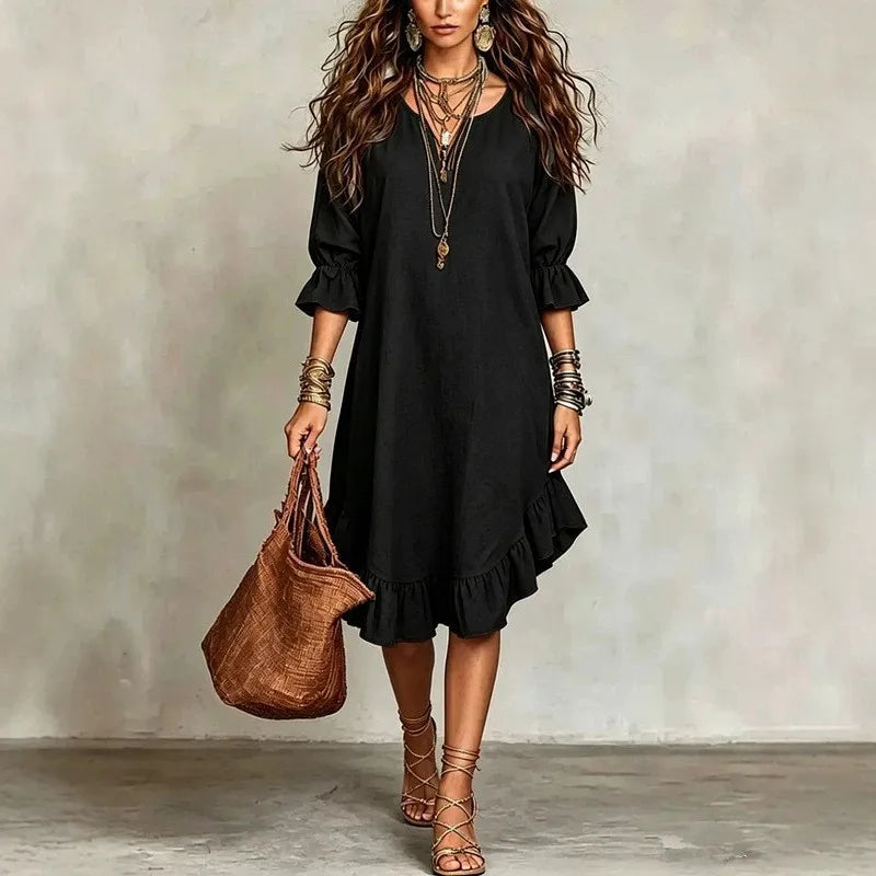 Josette Ruffle Half Sleeve V Neck Midi Dress