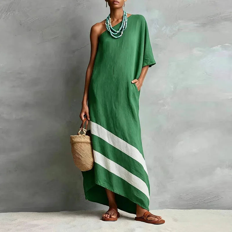 Green one-shoulder maxi dress with diagonal stripe hem