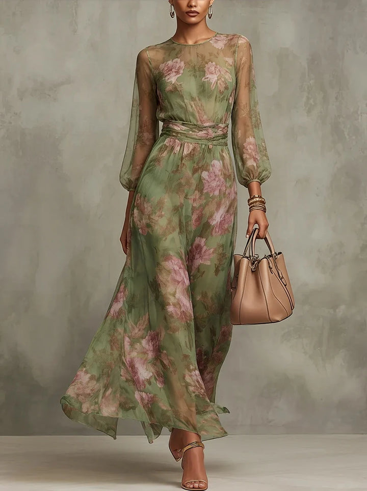 Front view of green floral chiffon maxi dress with round neckline