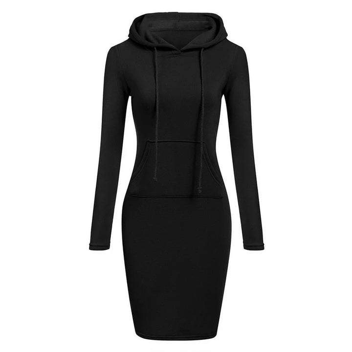 Black hooded sweatshirt dress front view