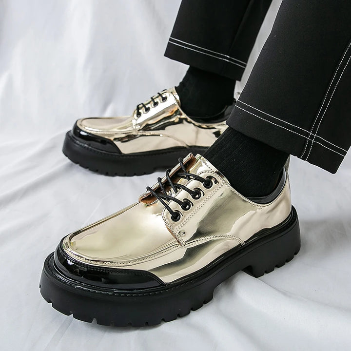Gold metallic platform Oxford shoes, side angle