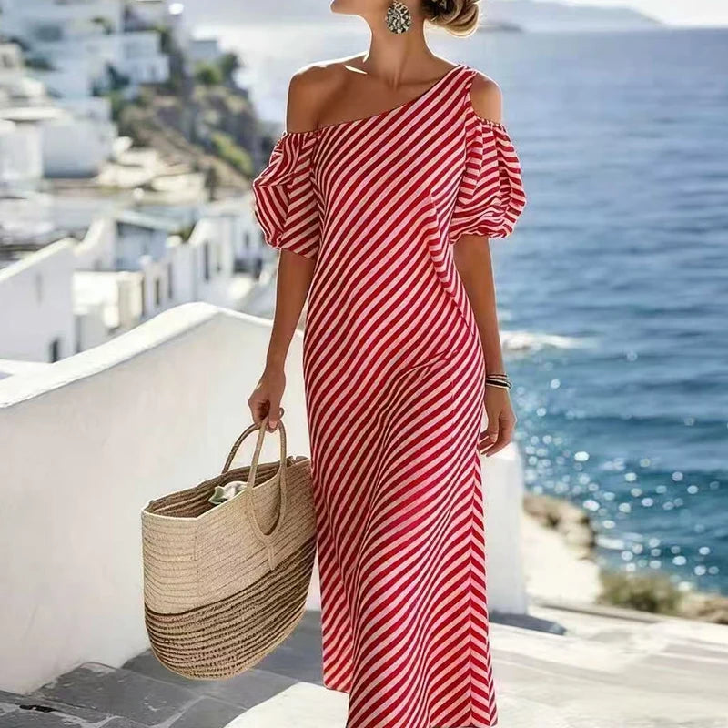 Freya Bohemian Striped One Shoulder Maxi Dress