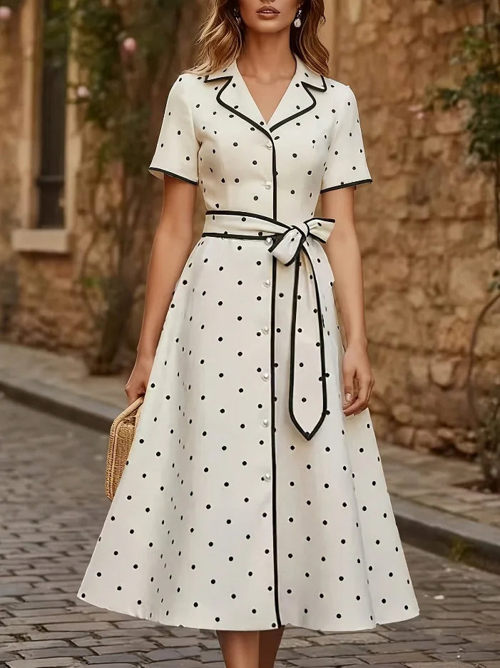 Evangeline Elegant French Polka Dot Midi Dress