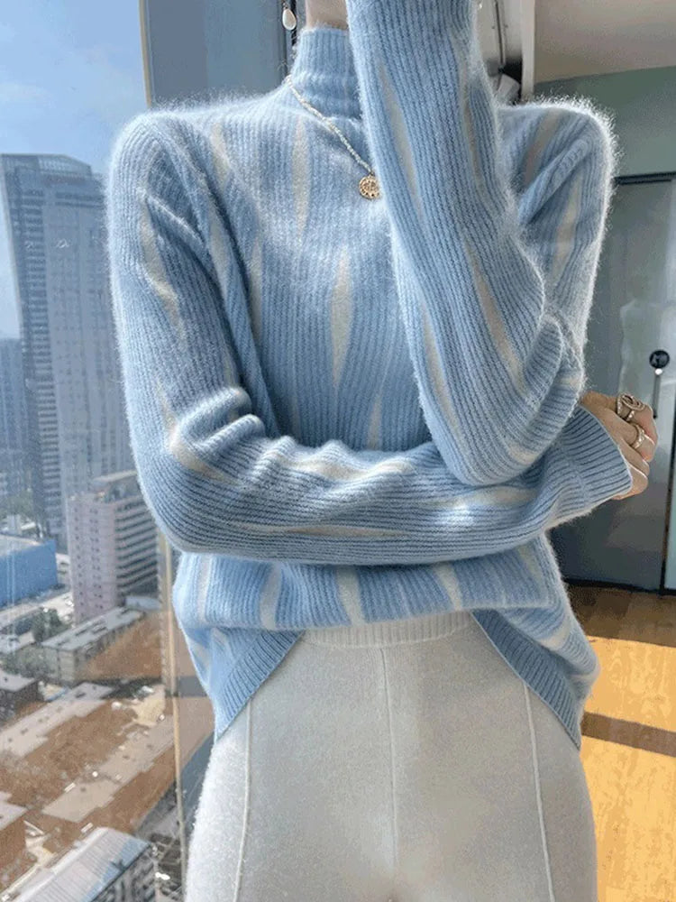 Blue striped sweater on faceless mannequin with city view