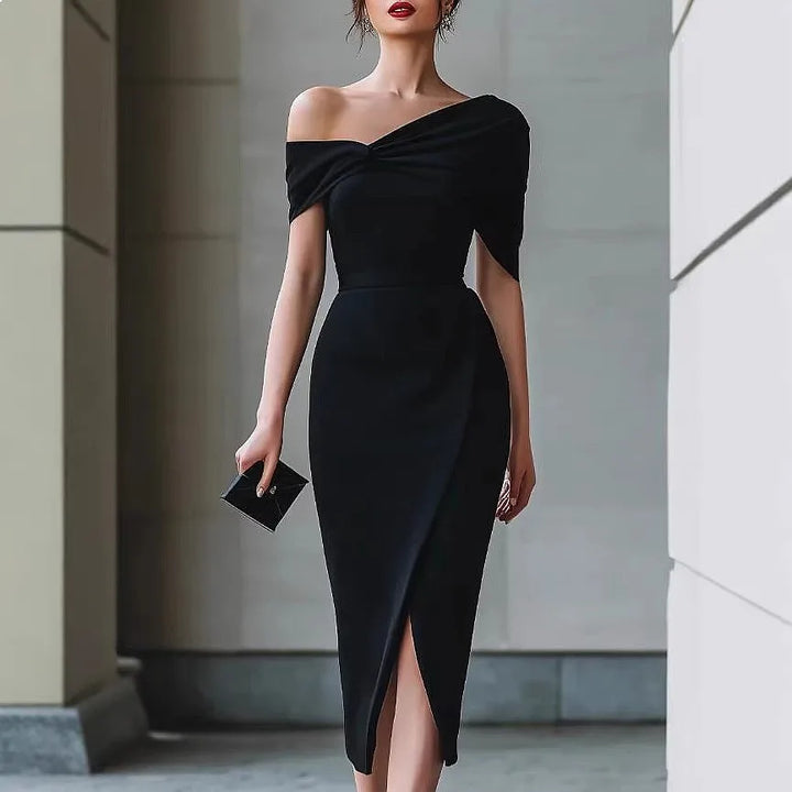 Elara Draped Shoulder Midi Dress