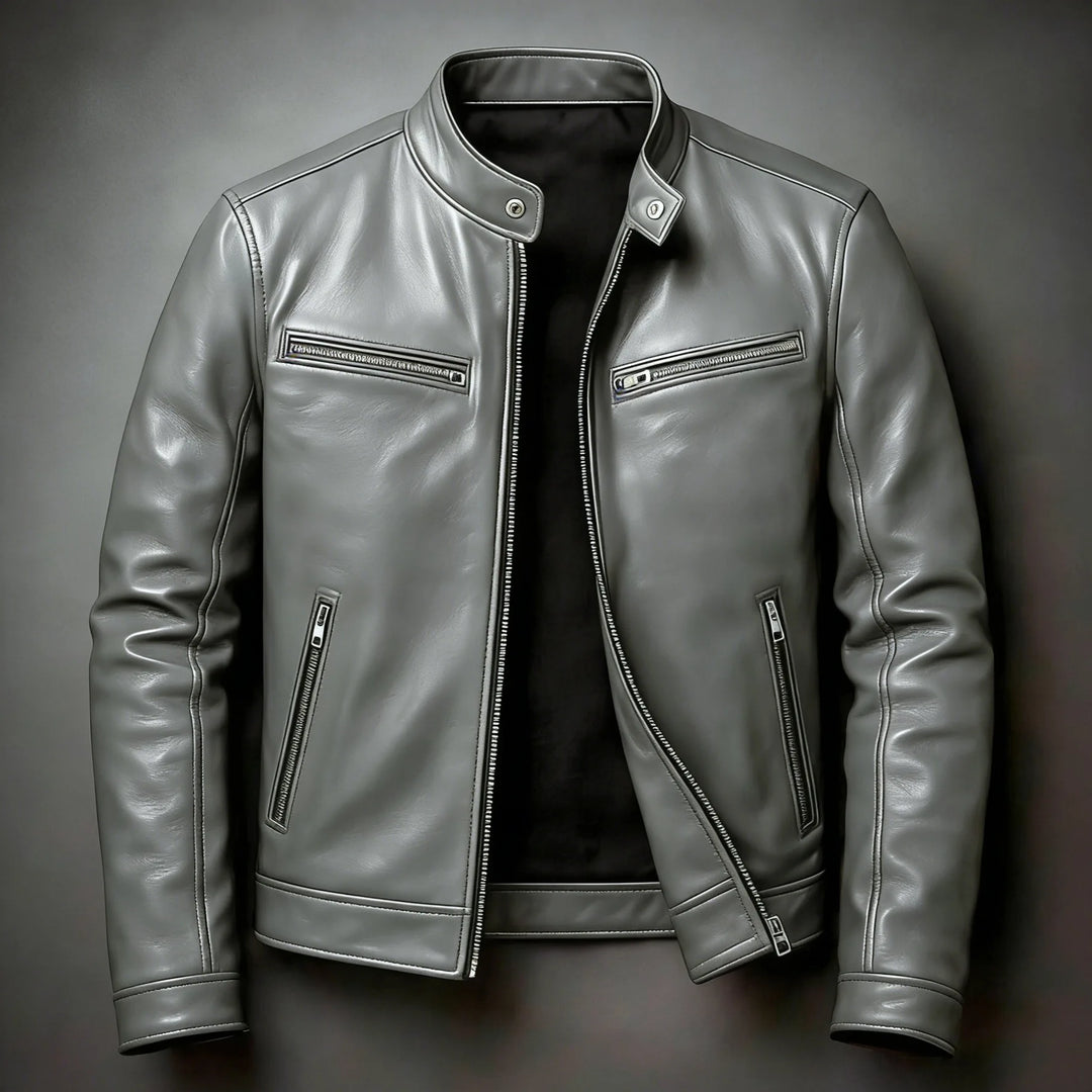 Deep grey leather moto jacket, front view