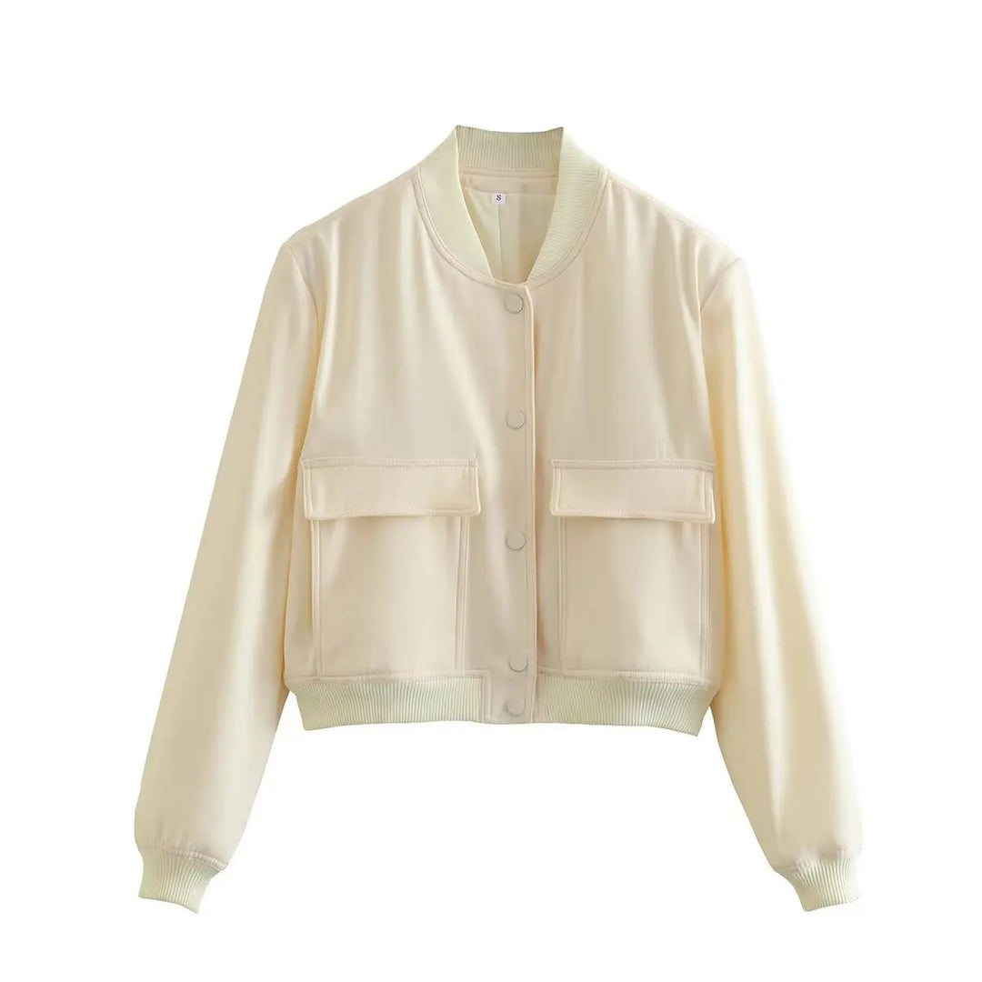 Beige cropped bomber jacket front view