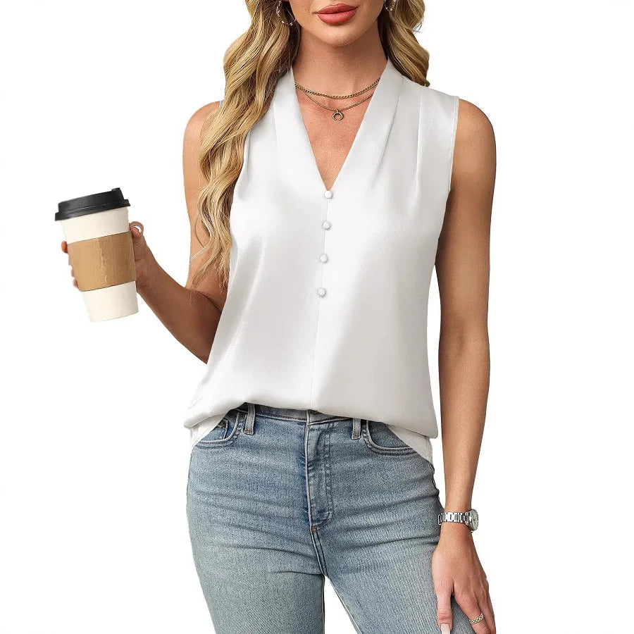 Lilianna Sleeveless Satin V Neck Blouse