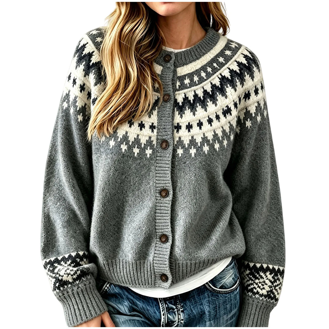 Close up of grey fair isle cardigan with button front