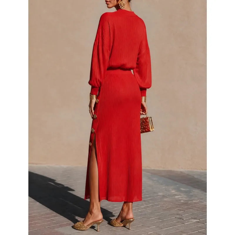 Red ribbed sweater dress with button side slit, back view
