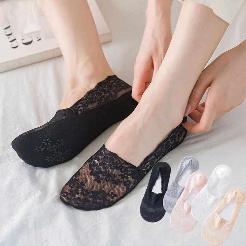 Ameile Cotton Floral Lace No-Show Socks