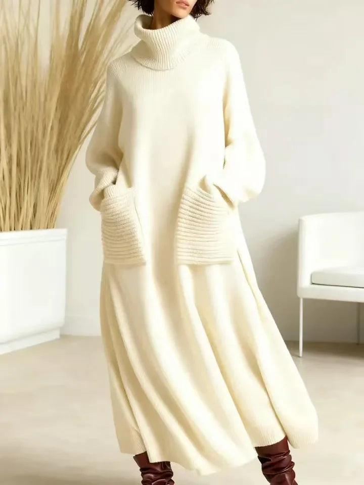 Cream turtleneck sweater dress with ribbed pockets