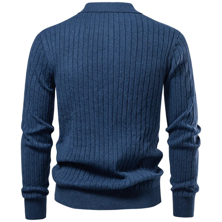 Back view of blue cable knit polo sweater