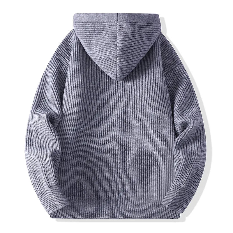 Back view of gray ribbed knit hooded cardigan