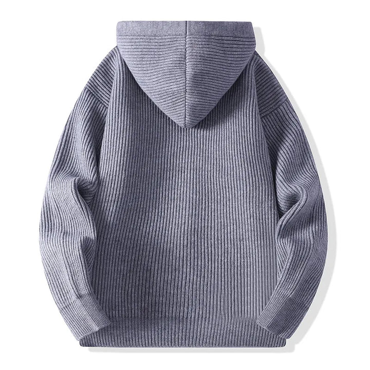 Back view of gray ribbed knit hooded cardigan