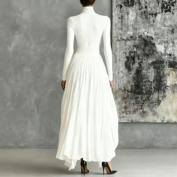 White turtleneck pleated maxi dress, back view