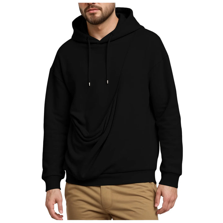 Man wearing black draped front pullover hoodie