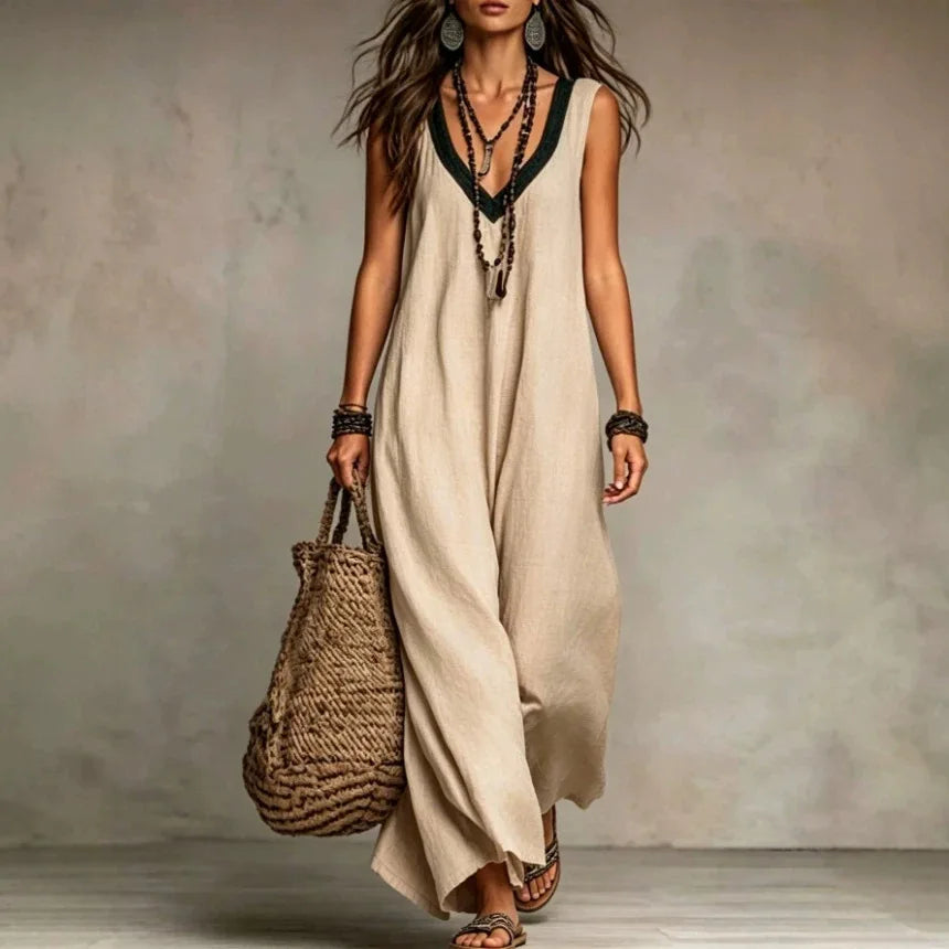 Zara Bohemian V Neck Sleeveless Cotton Linen Maxi Dress