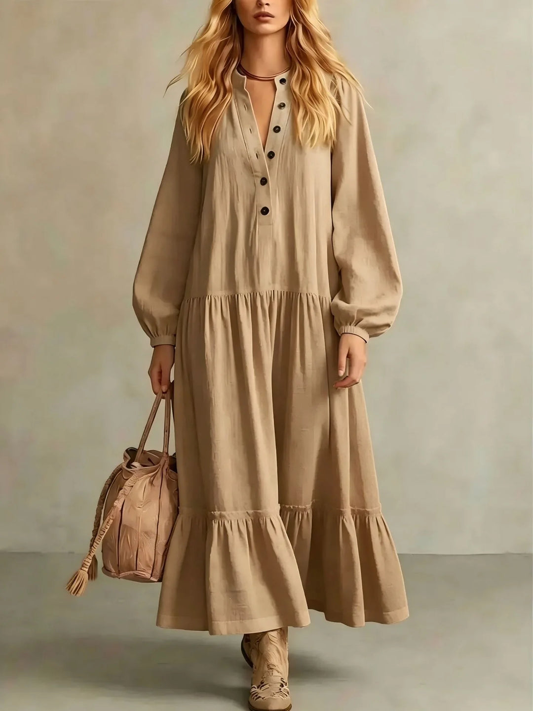 Elara Button Front Tiered Maxi Dress