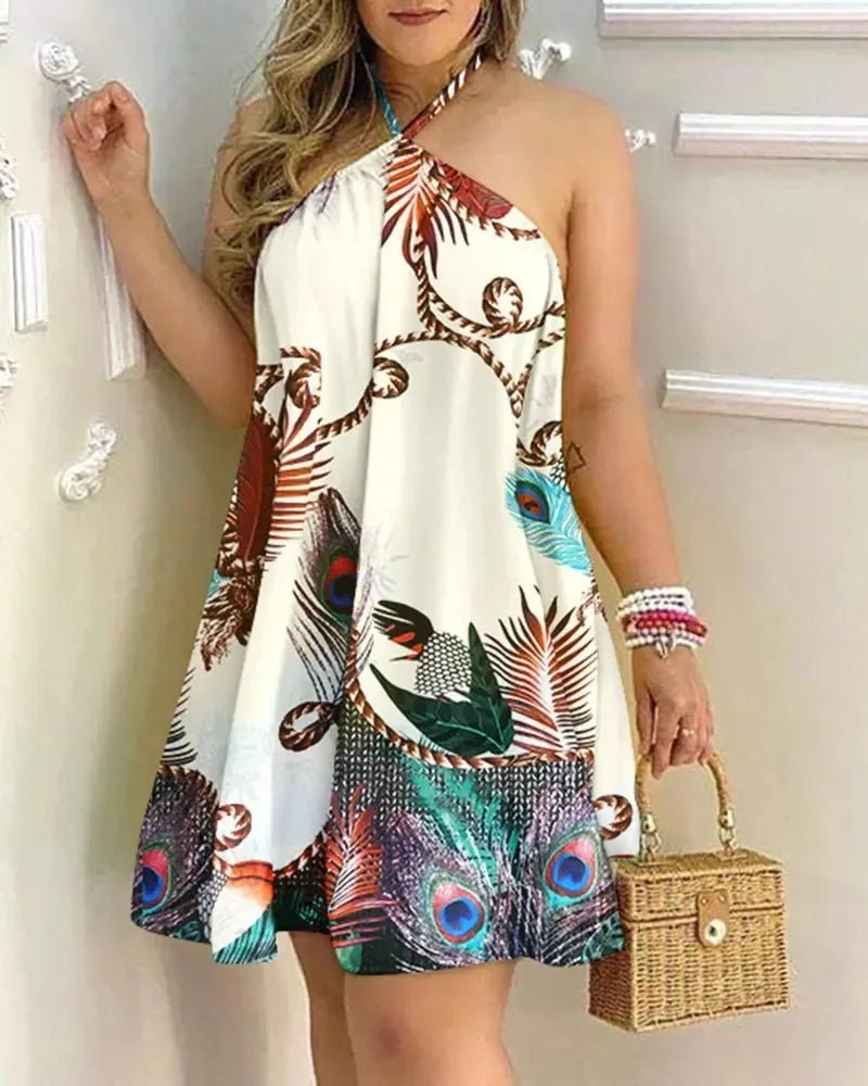 Noelle Elegant Tropical Halter Mini Dress