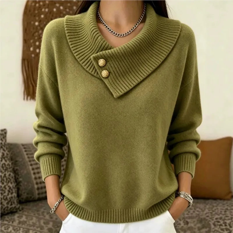 Close view of army green sweater with foldover collar and buttons