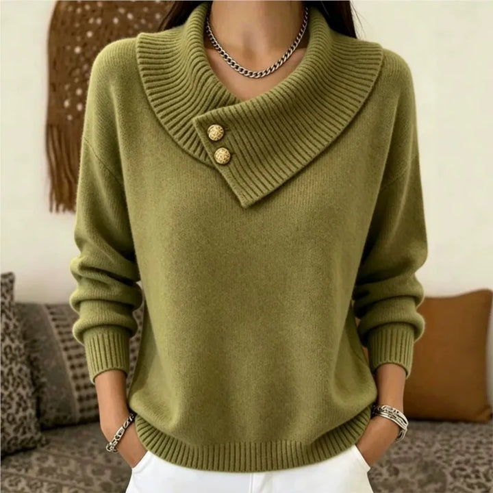 Close view of army green sweater with foldover collar and buttons