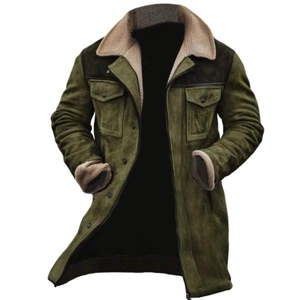 Army green shearling collar trucker coat, front view