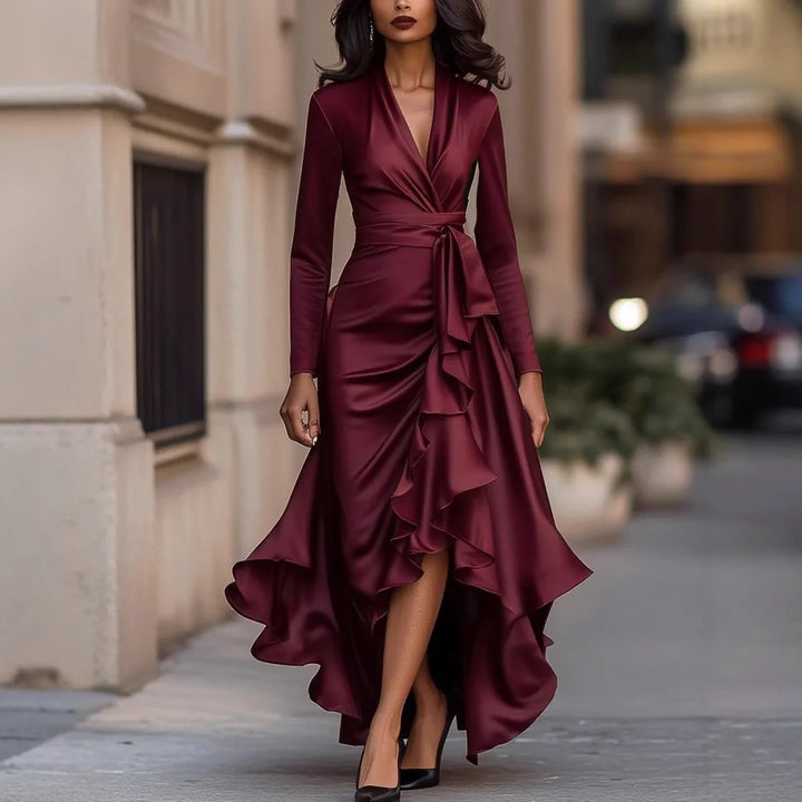 Celestine Ruffle Satin Maxi Dress