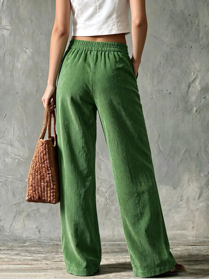 Green corduroy wide leg pants back view
