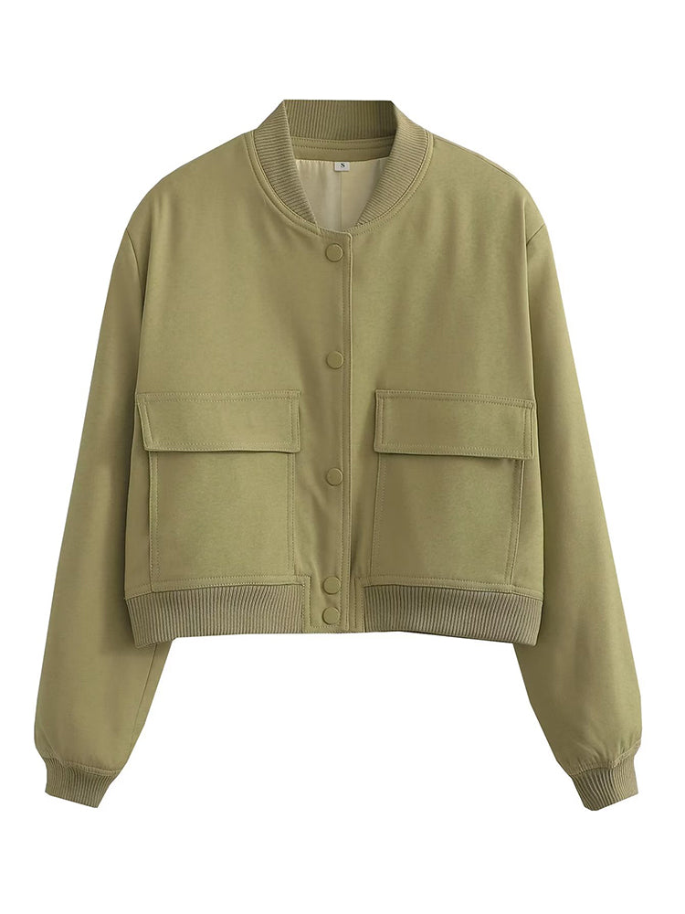 Army green cropped bomber jacket front view