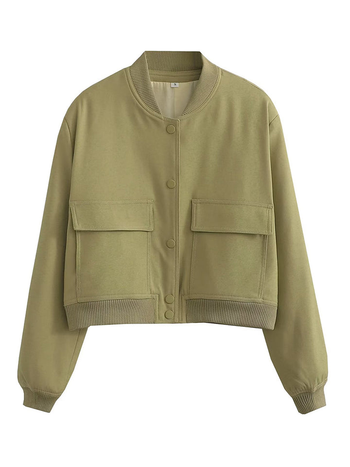 Army green cropped bomber jacket front view