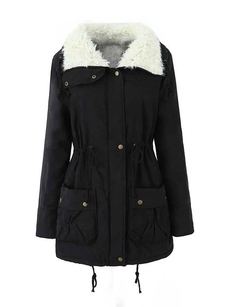 Black hooded parka with faux shearling collar on white background