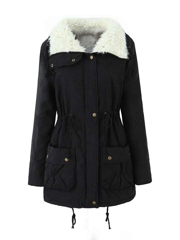 Black hooded parka with faux shearling collar on white background