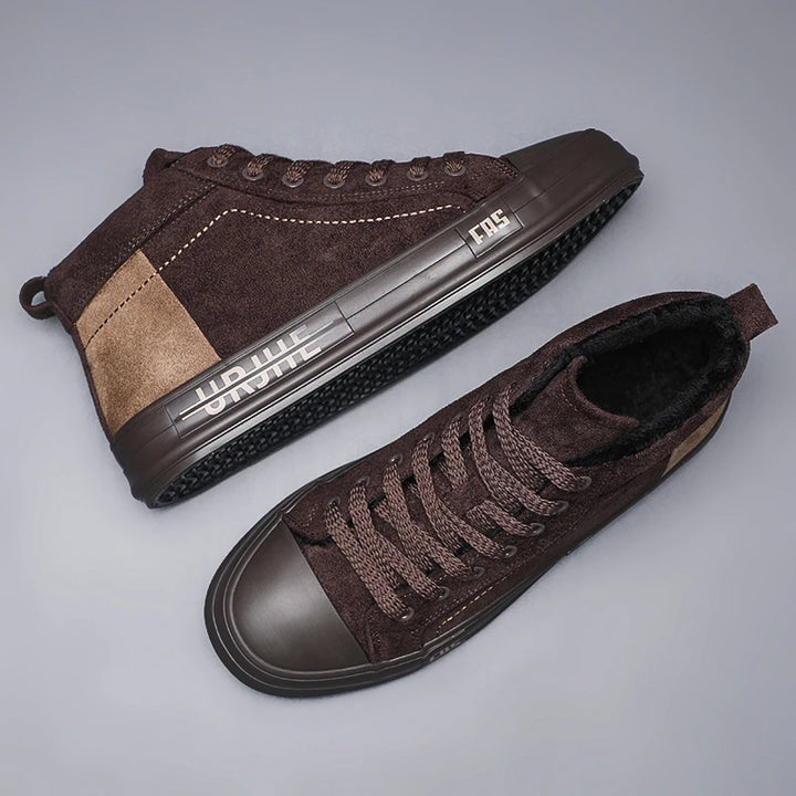 Coffee brown high-top sneaker pair overhead view