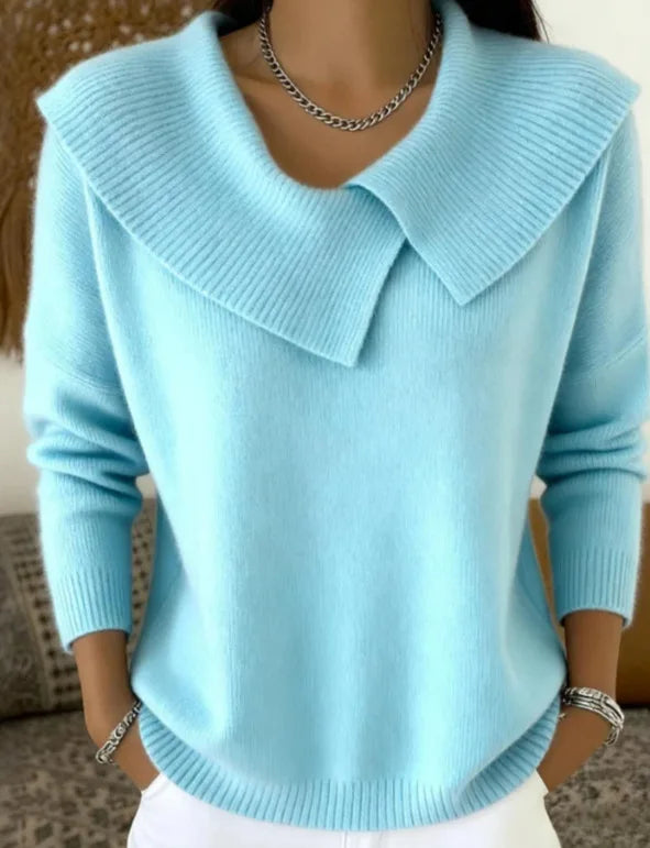 Sky blue sweater with oversized draped collar, front view
