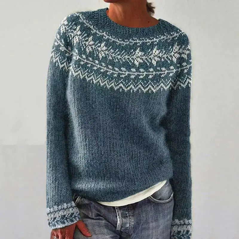 Teal Fair Isle sweater with white patterned yoke