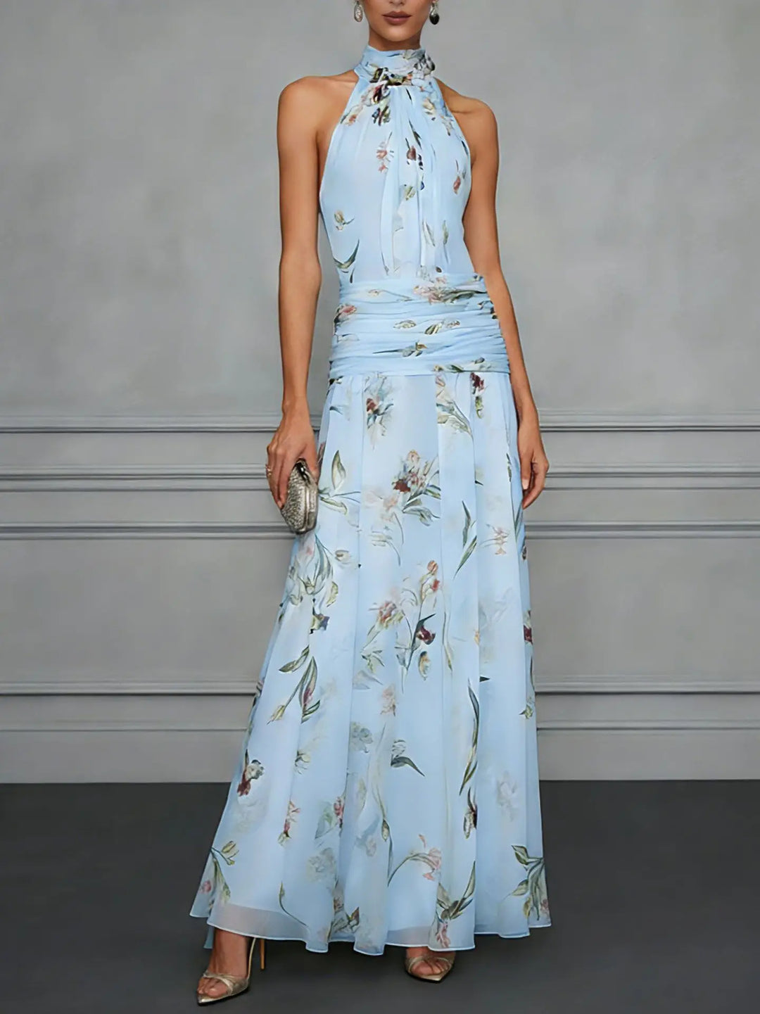 Jazlyn Floral Halter Wedding Guest Dress