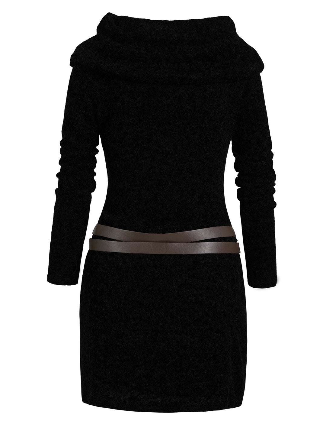 Black sweater dress back view with belt