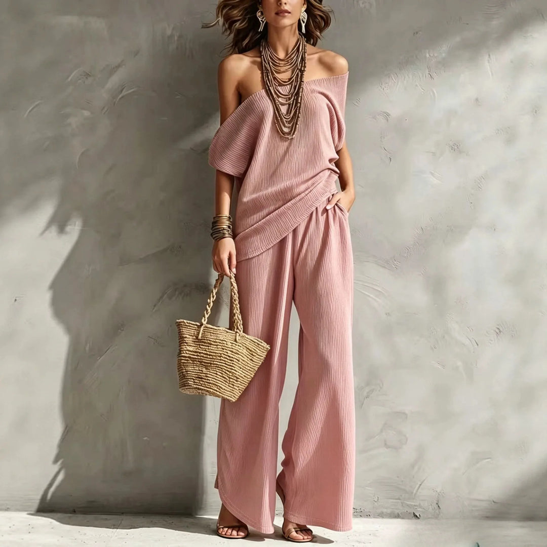 Isabelle Off Shoulder Wide Leg Jumpsuit Set