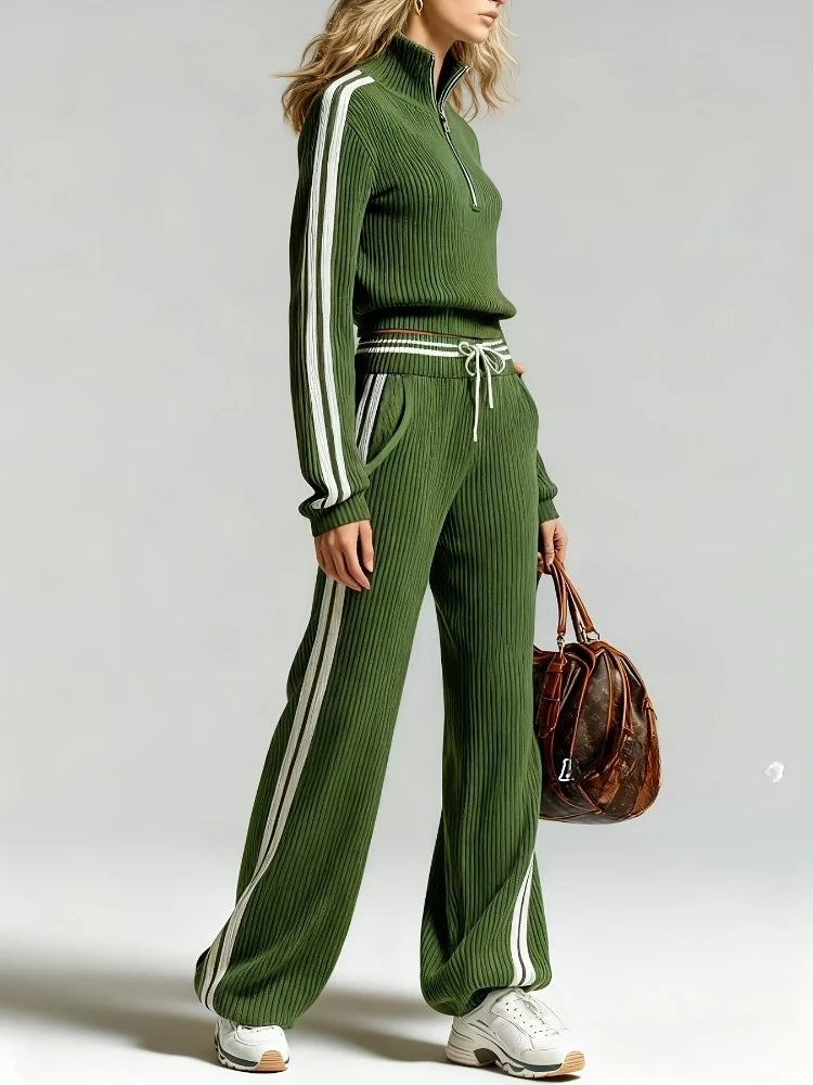 Green ribbed knit set with contrast side stripe, side view